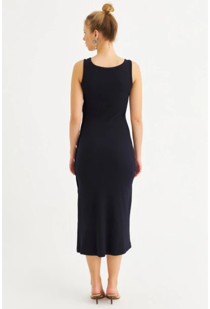 Kadın Lacivert Düğme Detaylı Kaşkorse Midi Elbise EY2837