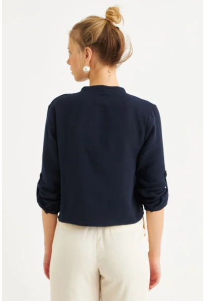 Kadın Lacivert Düğmeli Keten Gömlek Bluz BTH17
