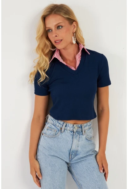 Kadın Lacivert Gömlek Yaka Bluz MK19