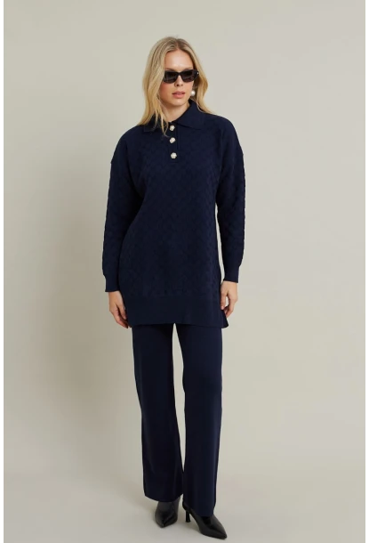Kadın Lacivert İnci Düğmeli Triko Alt Üst Takım MNUV33