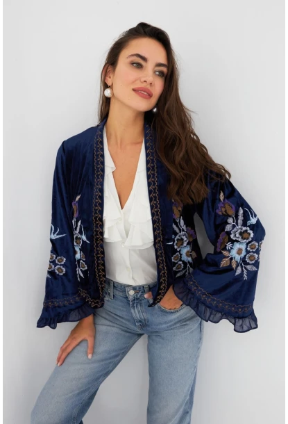 Kadın Lacivert İspanyol Kol Nakışlı Kadife Ceket QS5577