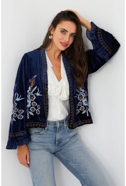 Kadın Lacivert İspanyol Kol Nakışlı Kadife Ceket QS5577