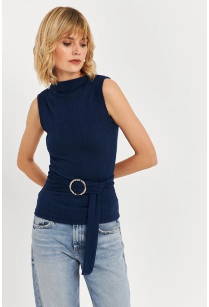 Kadın Lacivert Kemer Aksesuarlı Bluz TF67