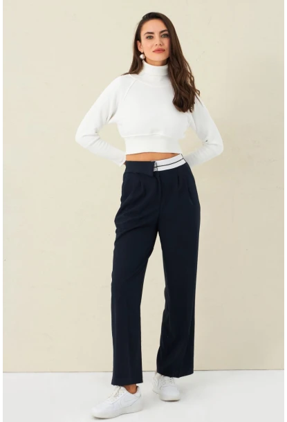 Kadın Lacivert Kontrast Bel Kumaşlı Pantolon ELA6078