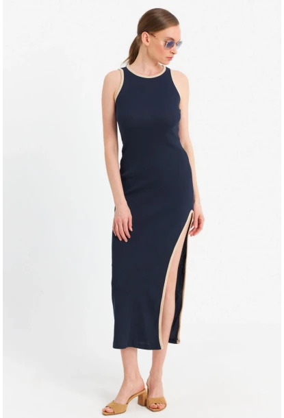 Kadın Lacivert Kontrast Biyeli Yırtmaçlı Maxi Elbise OR2087