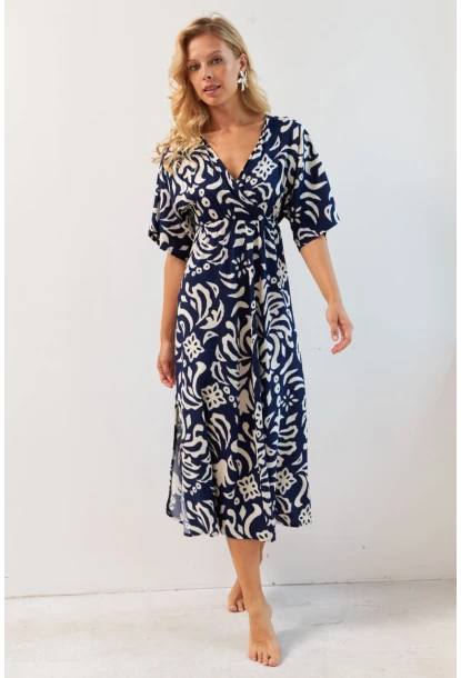 Kadın Lacivert Kruvaze Desenli Midi Elbise YZ1152