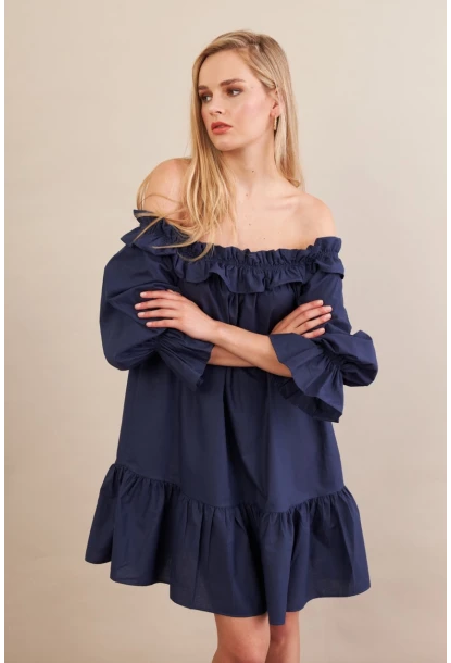 Kadın Lacivert Madonna Yaka Midi Elbise PSG1012