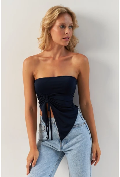 Kadın Lacivert Önü Büzgülü Crop Bluz MON138