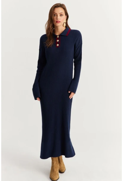 Kadın Lacivert Polo Yaka Triko Maxi Elbise MNUV17
