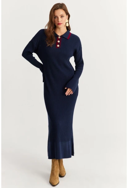 Kadın Lacivert Polo Yaka Triko Maxi Elbise MNUV17