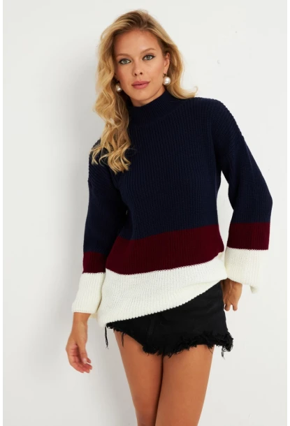 Kadın Lacivert Renk Bloklu Kazak YV277