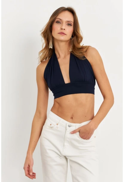 Kadın Lacivert Sırt Ve Boyun Bağlamalı Bluz EY1472