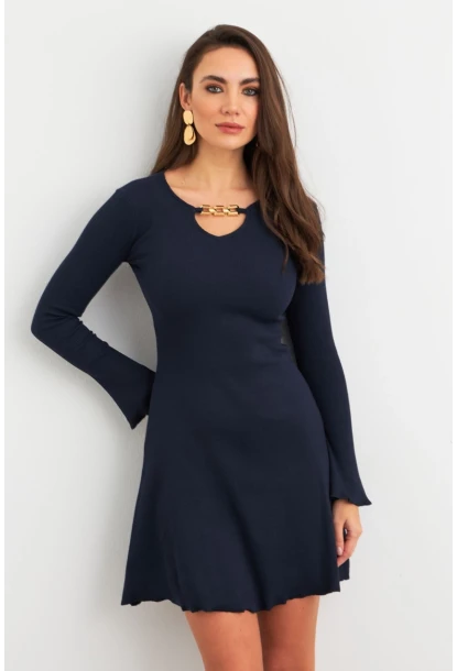 Kadın Lacivert Yakası Aksesuarlı Mini Elbise FRY2267