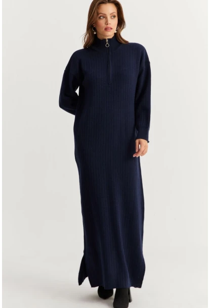 Kadın Lacivert Yakası Fermuarlı Triko Maxi Elbise MNUV10