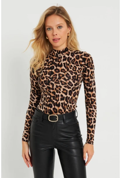 Kadın Leopar Desenli Bluz Camel-Siyah AYD288