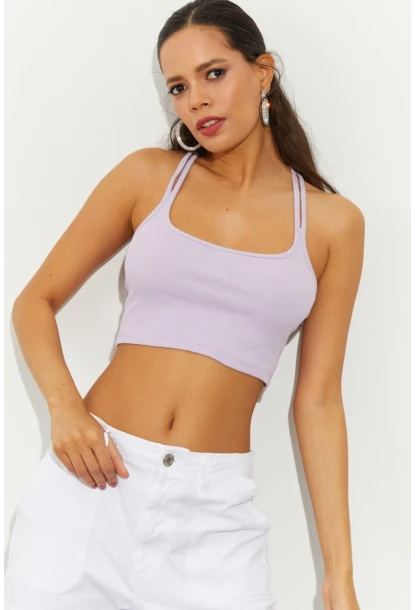 Kadın Lila Sırtı Halkalı Kaşkorse Crop Bluz B2552