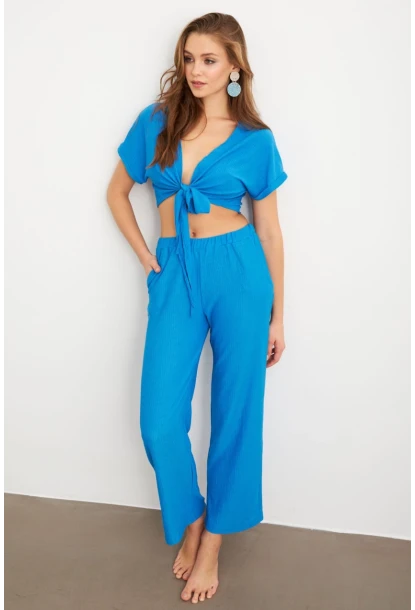 Kadın Mavi Bağlamalı Bürümcük Takım Q1012