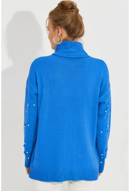 Kadın Mavi Balıkçı Yaka İncili Triko Kazak MSS129