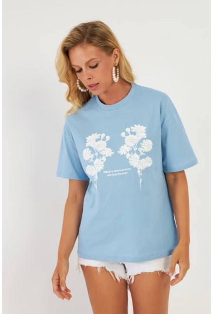 Kadın Mavi Baskılı T-Shirt AYD362