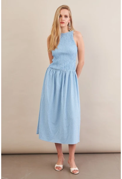 Kadın Mavi Beli Lastikli Gipeli Midi Elbise ZH130