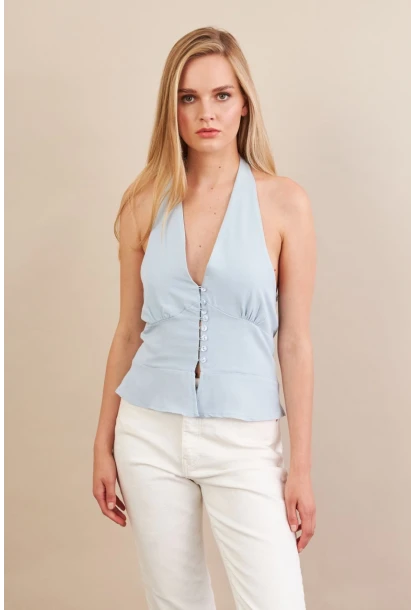 Kadın Mavi Boyun Bağlamalı Keten Yelek FS129