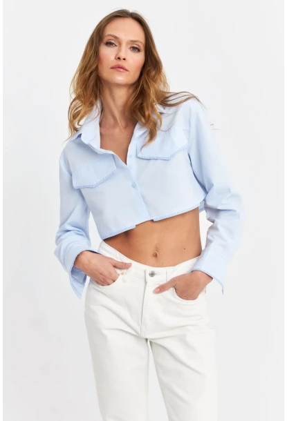 Kadın Mavi Cep Detaylı Crop Gömlek KED4205