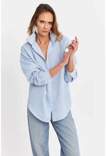 Kadın Mavi Çizgili Oversize Gömlek ZER420