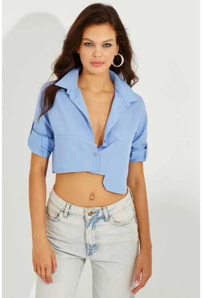 Kadın Mavi Crop Cepli Gömlek TD153