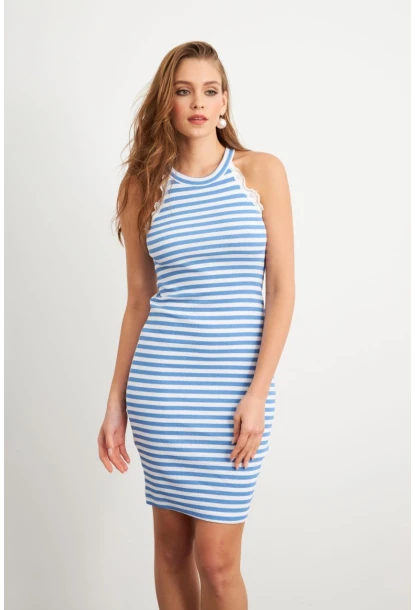 Kadın Mavi Dantel Detaylı Çizgili Midi Elbise MK36