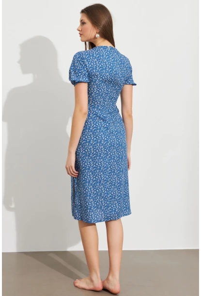 Kadın Mavi Desenli Pencereli Midi Elbise Q1013