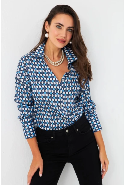Kadın Mavi Desenli Saten Gömlek SHR9