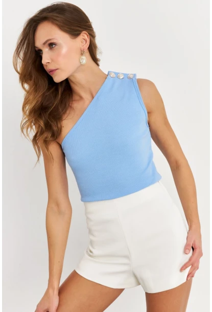 Kadın Mavi Düğme Detaylı Kaşkorse Bluz EY2711