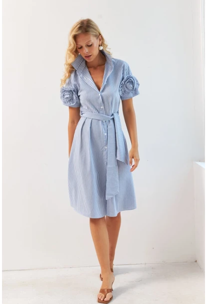 Kadın Mavi Gül Detaylı Midi Gömlek Elbise SF12812