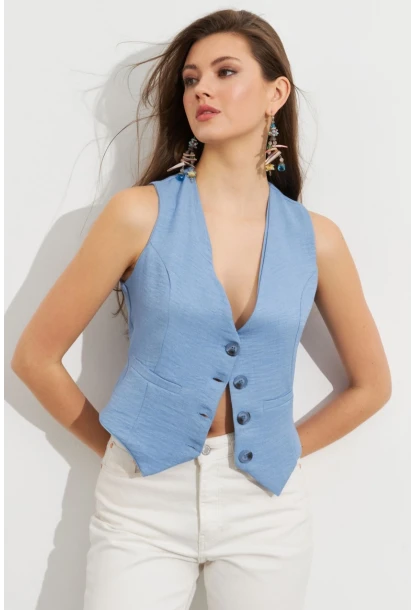 Kadın Mavi Keten Astarlı Yelek TW60046