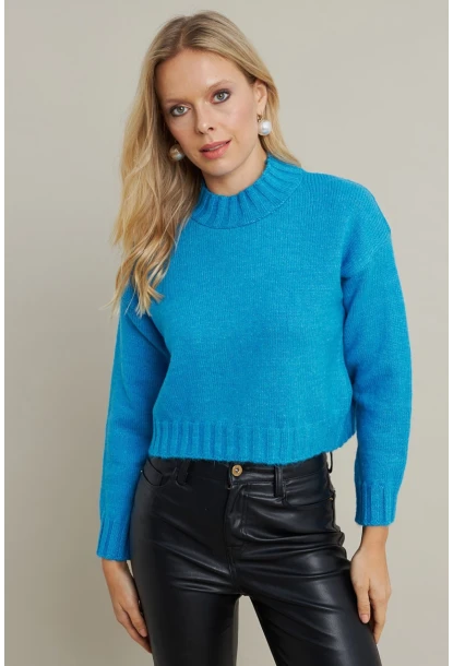 Kadın Mavi Kısa Triko Kazak YV301