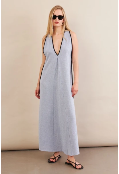 Kadın Mavi Kontrast Çizgili Maxi Keten Elbise MSİ101