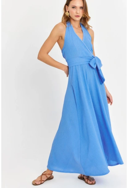 Kadın Mavi Kruvaze Bürümcük Maxi Elbise EY3053