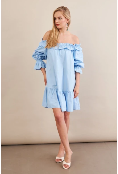 Kadın Mavi Madonna Yaka Midi Elbise PSG1012