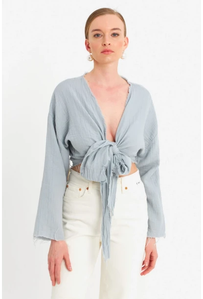 Kadın Mavi Müslin Crop Bluz PC20700