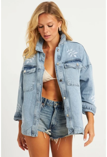 Kadın Mavi Nakışlı Denim Ceket İS248