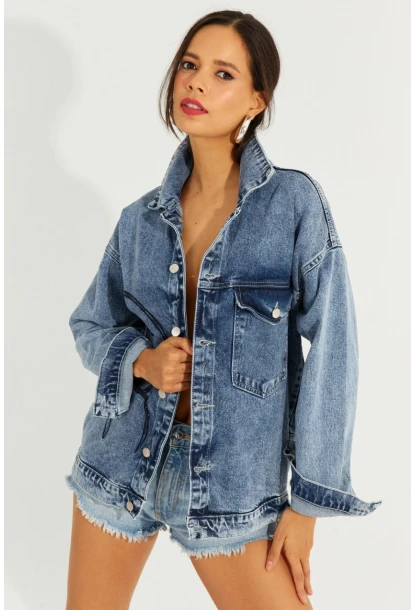 Kadın Mavi Nakışlı Kot Ceket İS801