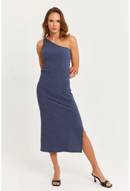 Kadın Mavi Omuz Aksesuarlı Kolsuz Midi Elbise MOD2400