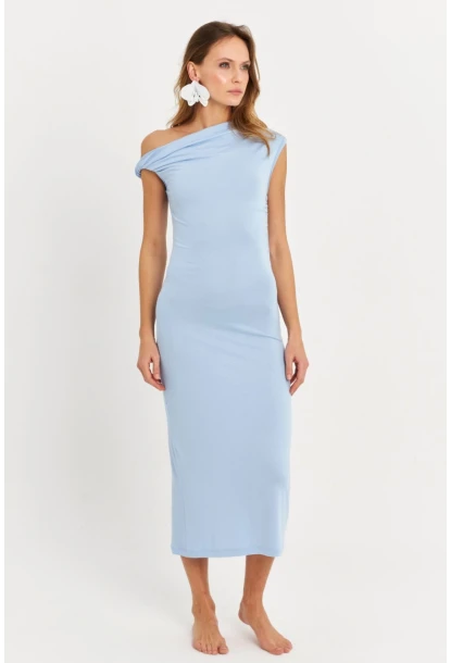 Kadın Mavi Omuz Düğümlü Degaje Midi Elbise EY3054
