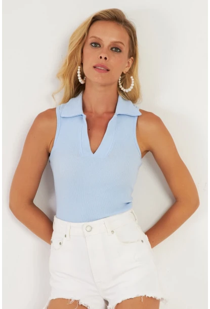 Kadın Mavi Polo Yaka Kaşkorse Bluz MK10