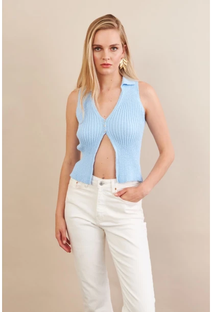 Kadın Mavi Polo Yaka Yumoş Yelek ZH050