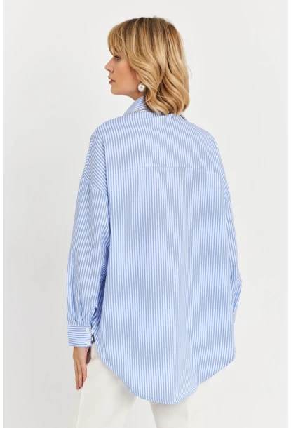 Kadın Mavi Taş Detaylı Çizgili Gömlek KED4088