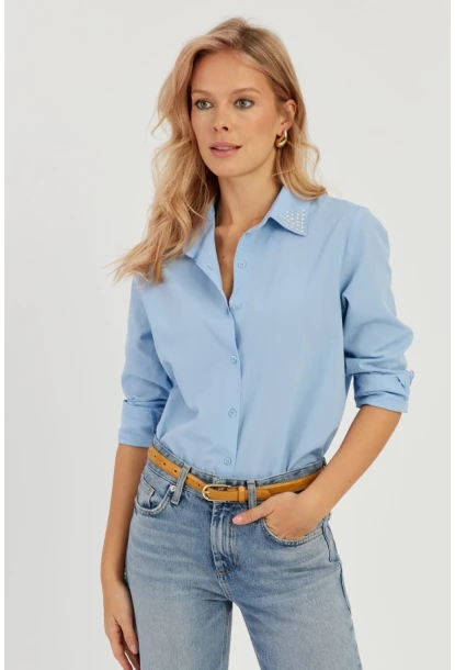 Kadın Mavi Taş Detaylı Gömlek ZER402