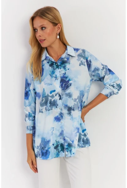 Kadın Mavi Taş Düğmeli Desenli Gömlek MLVF9