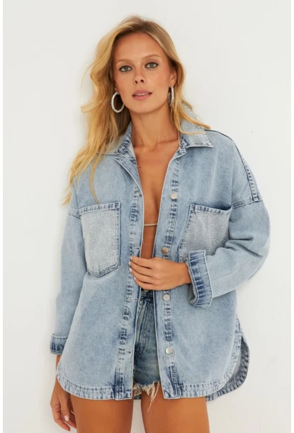 Kadın Mavi Taşlı Denim Ceket İS249