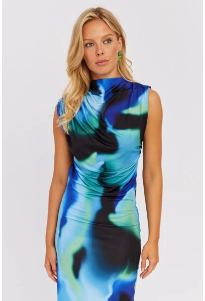 Kadın Mavi-Yeşil Büzgülü Midi Elbise NÇ520